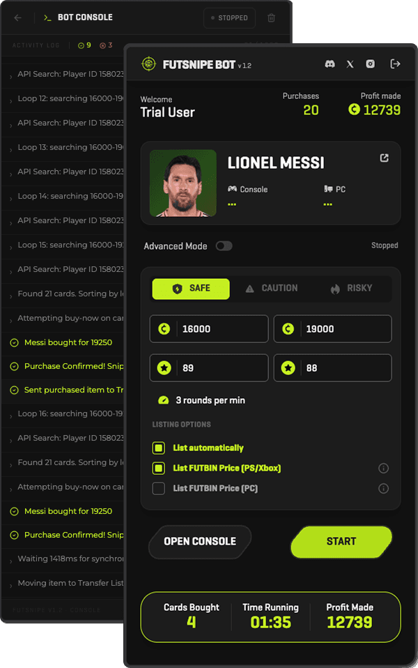 Elite FUT SNIPER side panel UI showing snipe filters, price range, and live stats