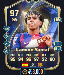 97 Lamine Yamal Rating TOTS Card Snipe Result