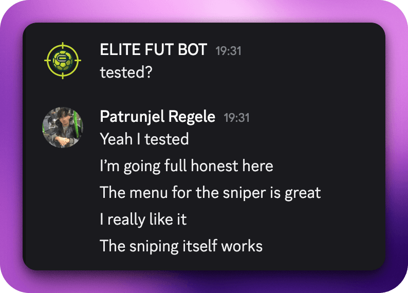 Reseña en Discord de Patrunjel Regele: El menú del sniper es genial. Snipear funciona perfecto.