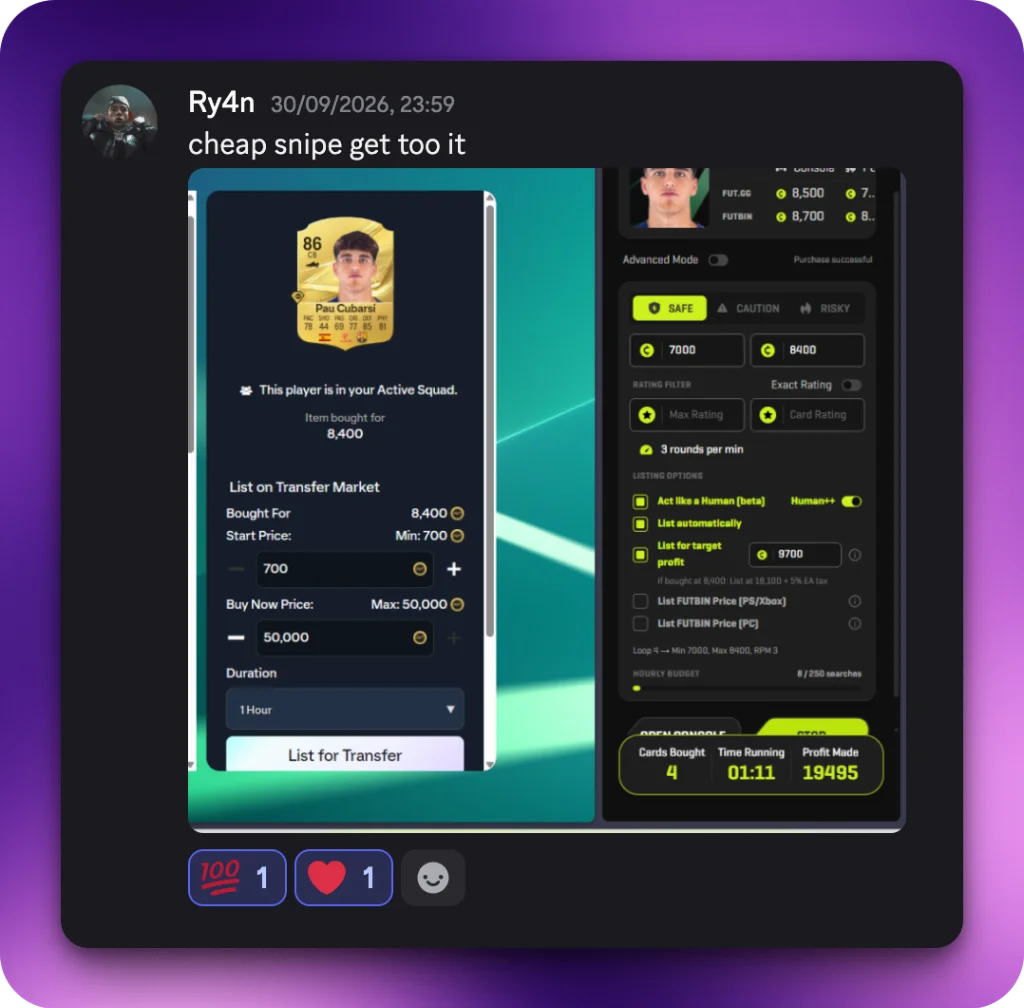 Prueba de snipe en Discord por Ry4n: cheap snipe get too it. 86 Pau Cubarsi snipado por 8,400 con 19,495 de beneficio en 1m 11s.