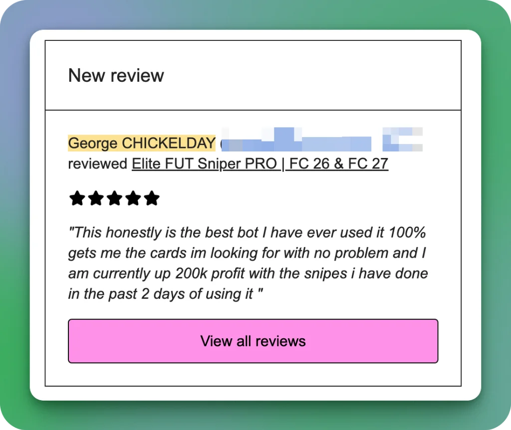 Reseña de Gumroad de George CHICKELDAY: El mejor bot que he usado, consigo cartas sin problemas y llevo 200k de beneficio en 2 días.