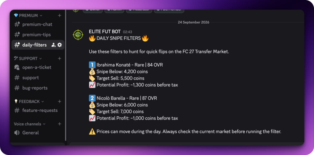 Elite FUT Bot Discord #daily-filters channel: Ibrahima Konaté snipe below 4200 sell 5500 profit 1300, Nicolò Barella snipe below 6000 sell 7000 profit 1000