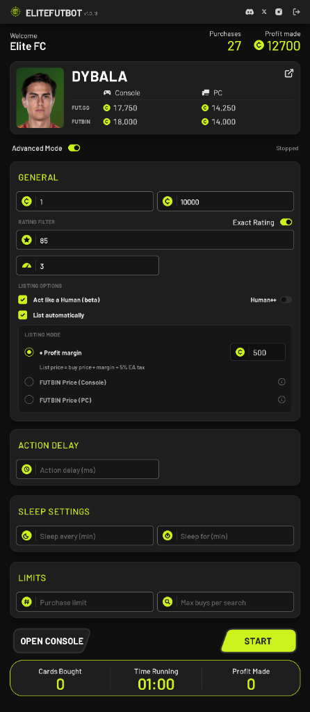 Elite FUT SNIPER FC 27 sniping bot advanced settings — action delay, sleep settings, purchase limits and auto-list configuration