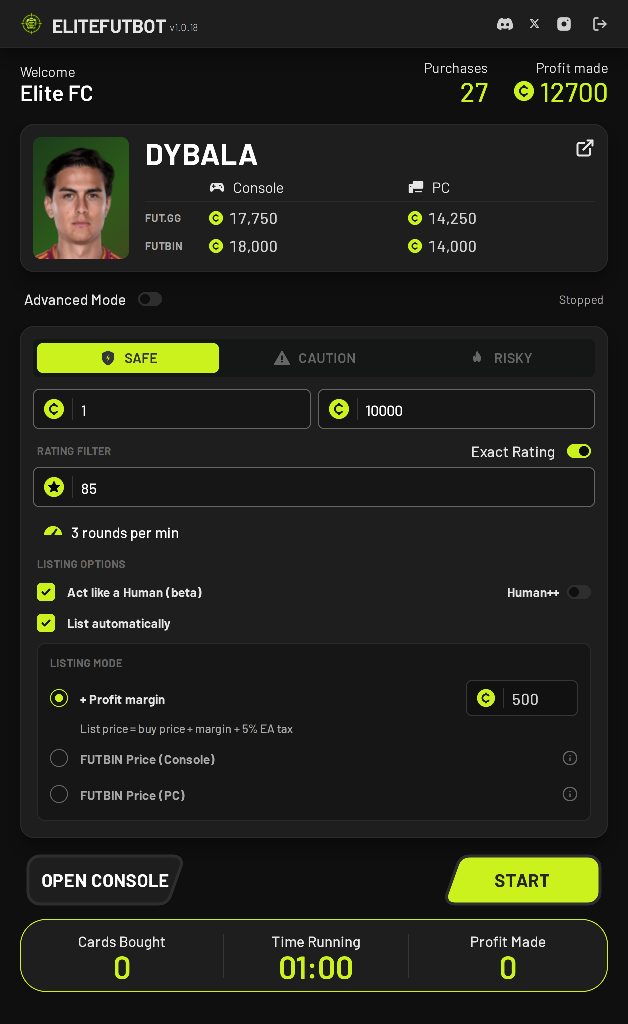Elite FUT SNIPER simple mode — rating 85 exact filter, max buy 10000, safe speed 3RPM, auto-list profit margin with 5% EA tax, act like human enabled